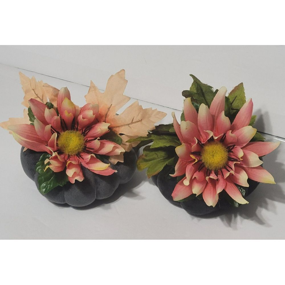 2 Gray Velvet Fabric Pumpkin Fall Floral Arrangements Home Centerpiece Decor
